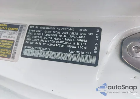 2008 Volkswagen Eos Lux z USA, uszkodzony, nr VIN WVWFA71F78V013524